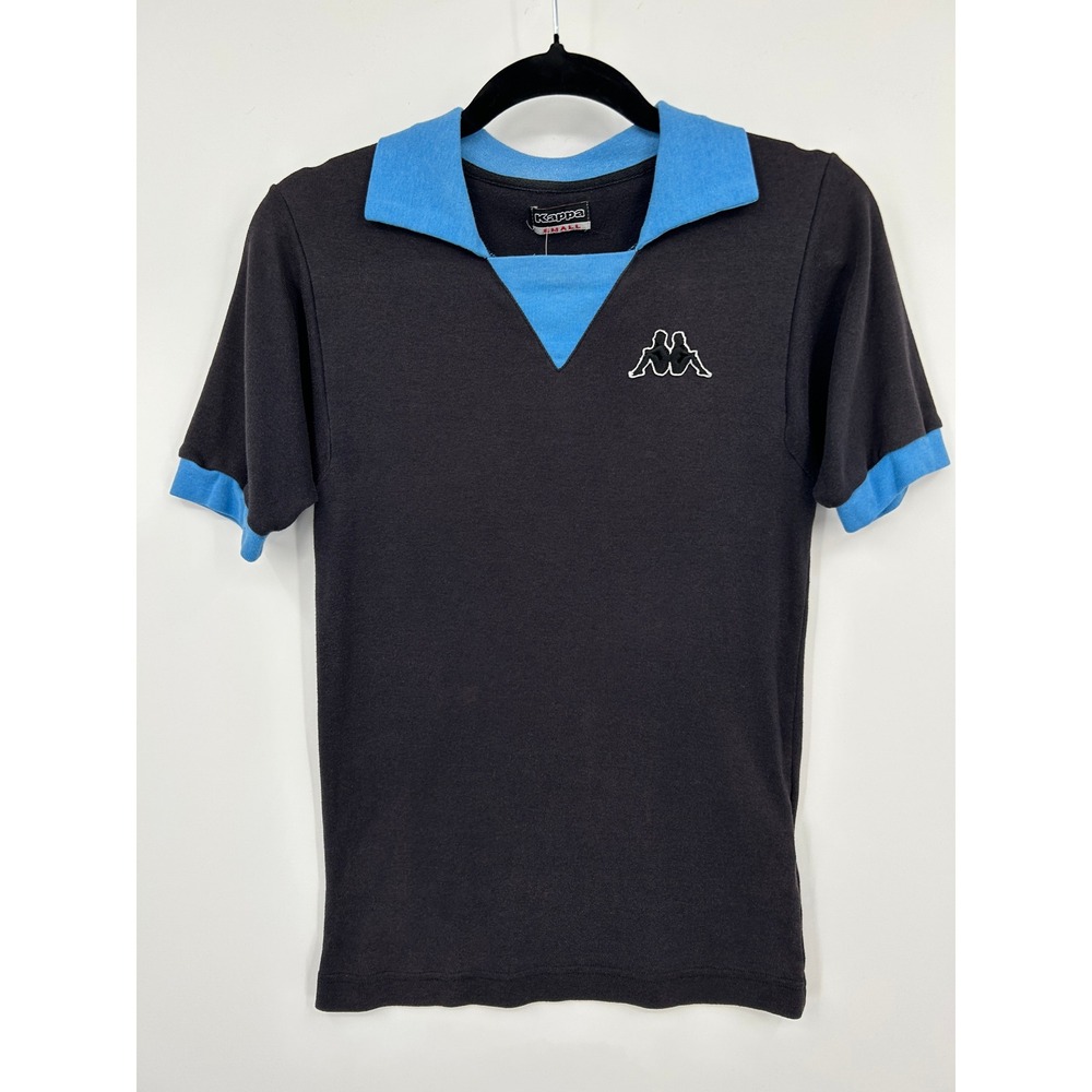 Kappa Mens Black Blue Short Sleeve V-Neck Polo Shirt Number 6 Logo Small